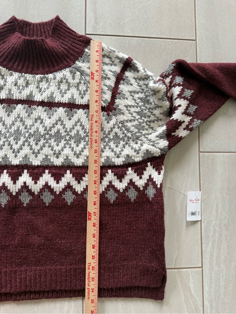 NWT Lucky Brand XL Fair Isle Nordic Mock Neck Sweater Burgundy Heather - Picture 7 of 8